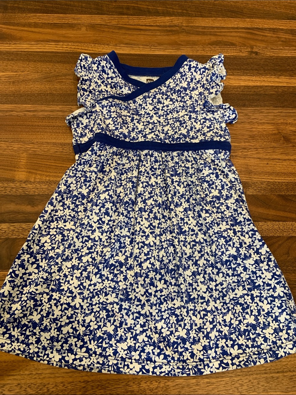 Tea Collection Girl Faux Wrap Neck Dress Cyprus Blue Floral Size 3 - Like New